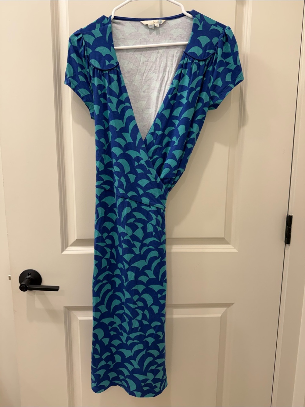 Boden Evangeline Jersey Wrap Dress Blue Teal Scallop Print Midi Sz 12
